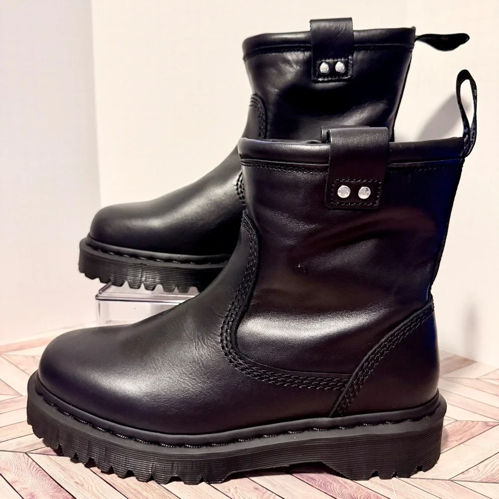 Dr Martens Anistone Lo All Black Leather Biker Boots Men 8 Wmn 9 Terminator Moto